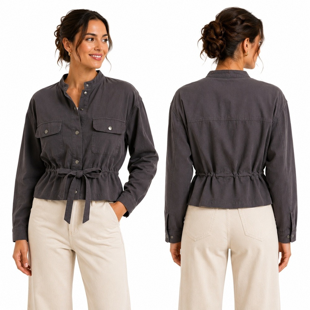 Maurices‎ Jacket Womens Large Gray Cotton Utility Cinched Tie Waist Mock Neck